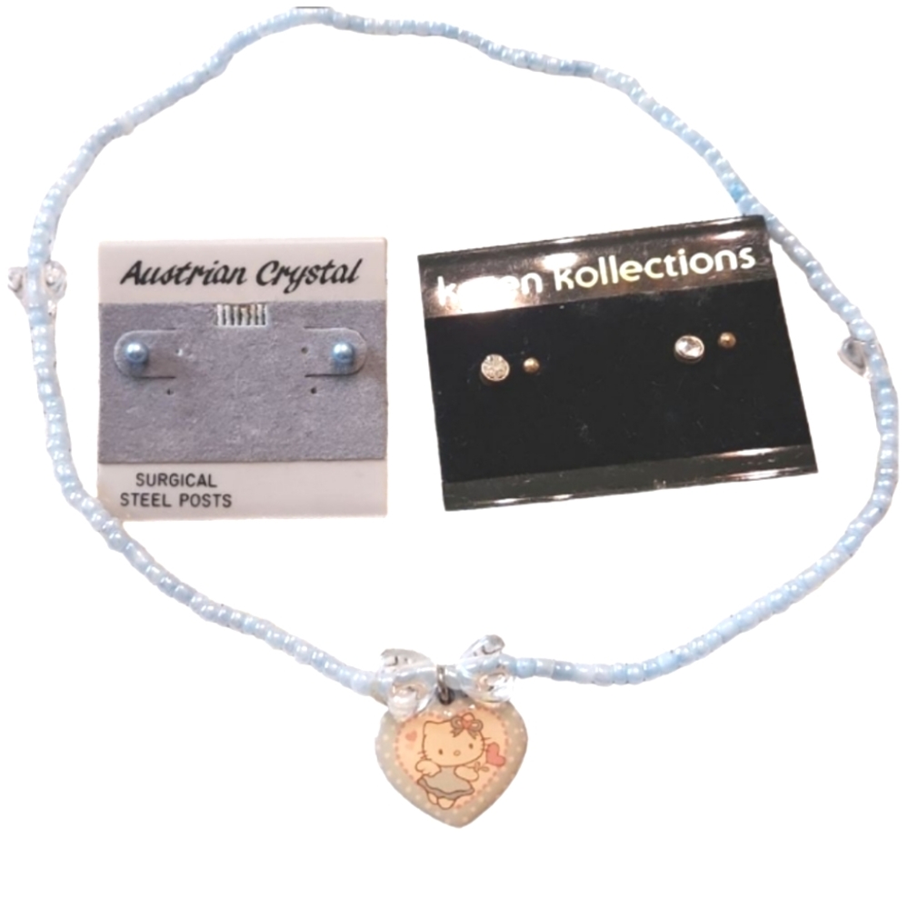 Vintage hello Kitty beaded blue necklace cz studs blue pearl studs New 9.00bundl